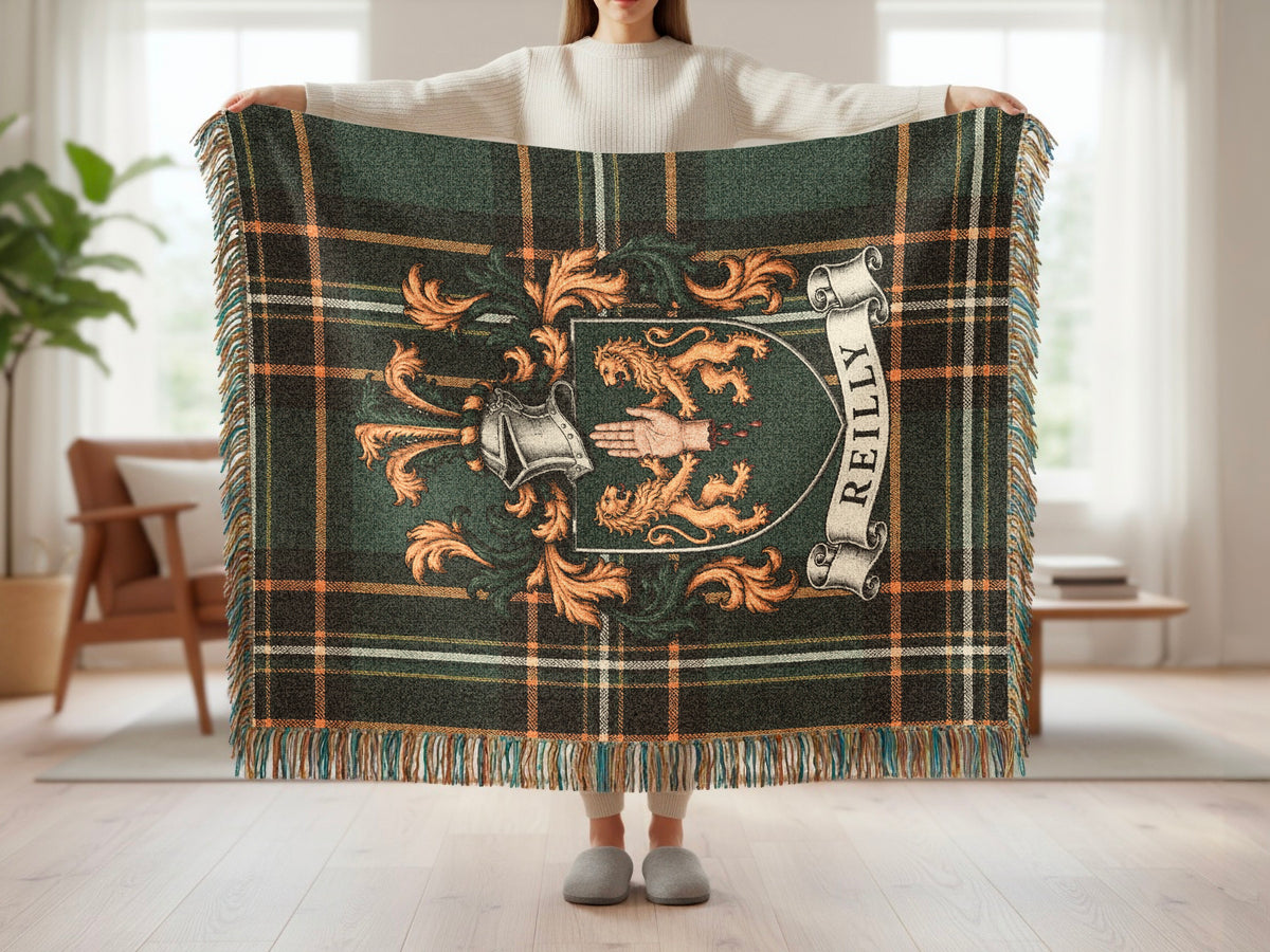 Reilly Irish National Tartan woven blanket with family crest and fringed edges