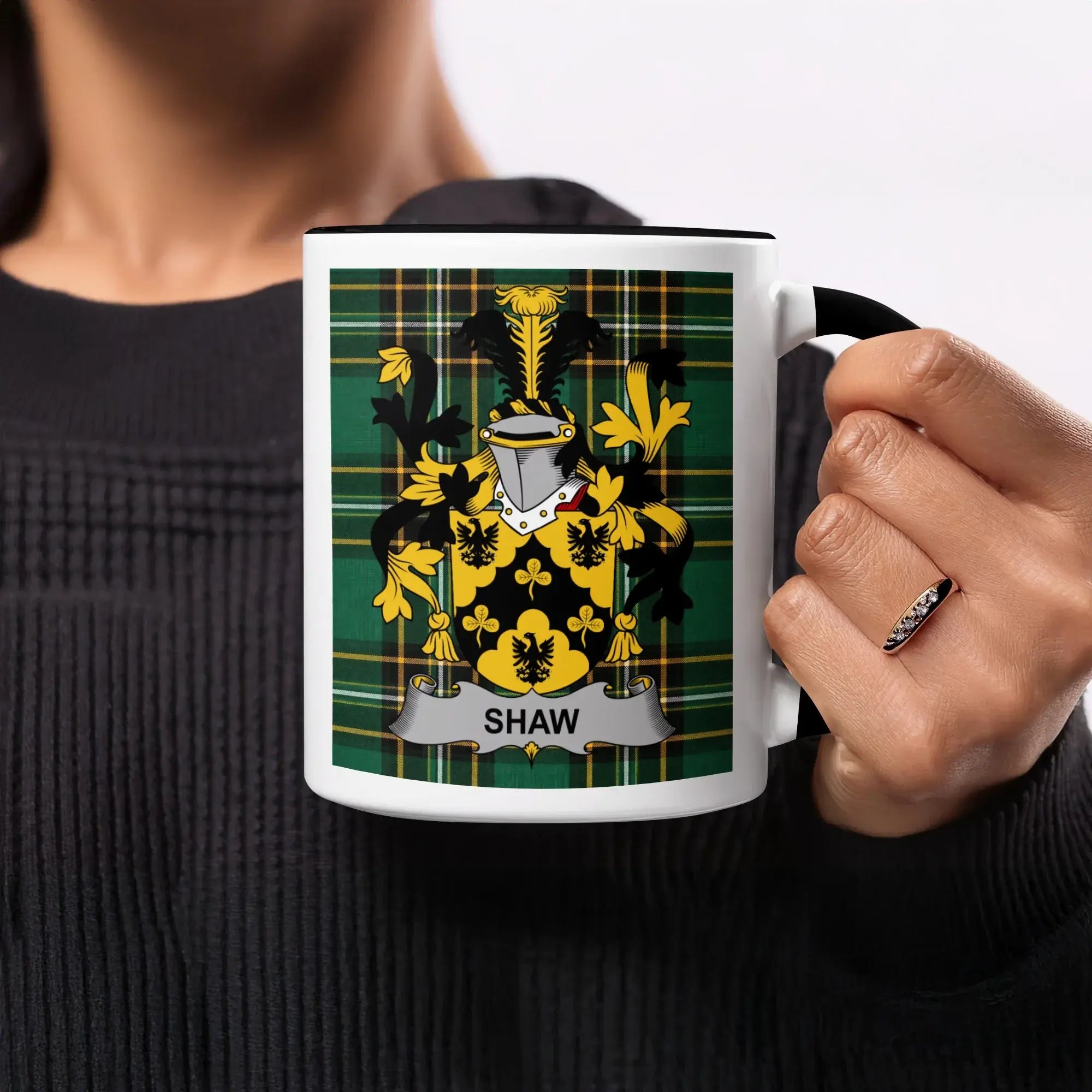 Shaw Irish heritage mug with black interior and surname crest