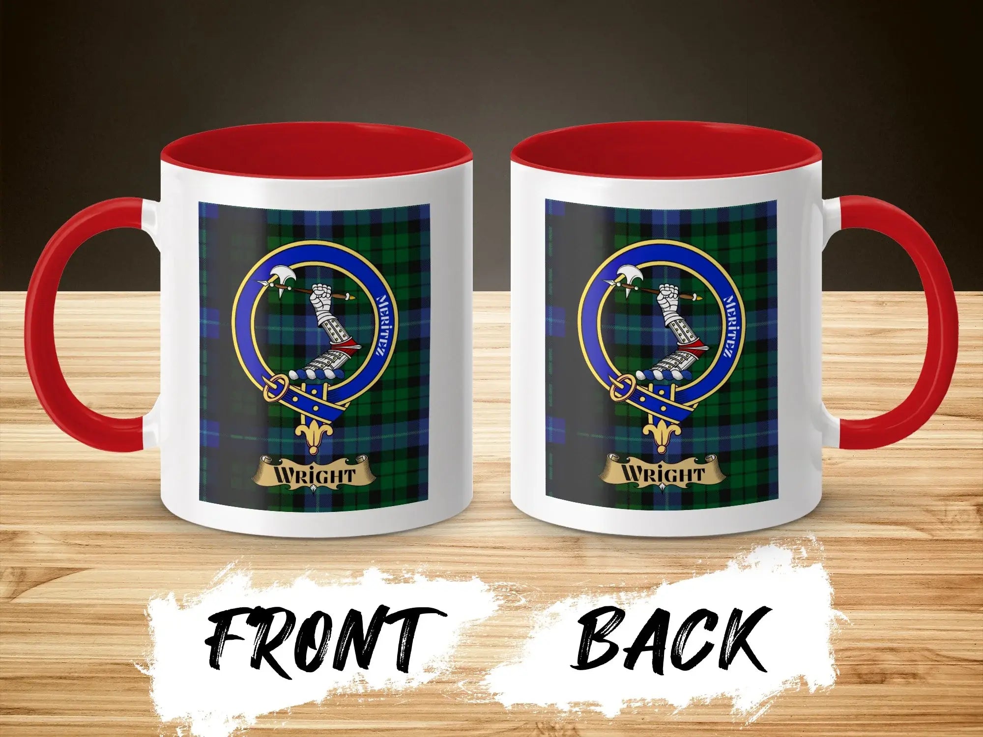 Wright tartan-background crest mug shown as a Scottish heritage gift