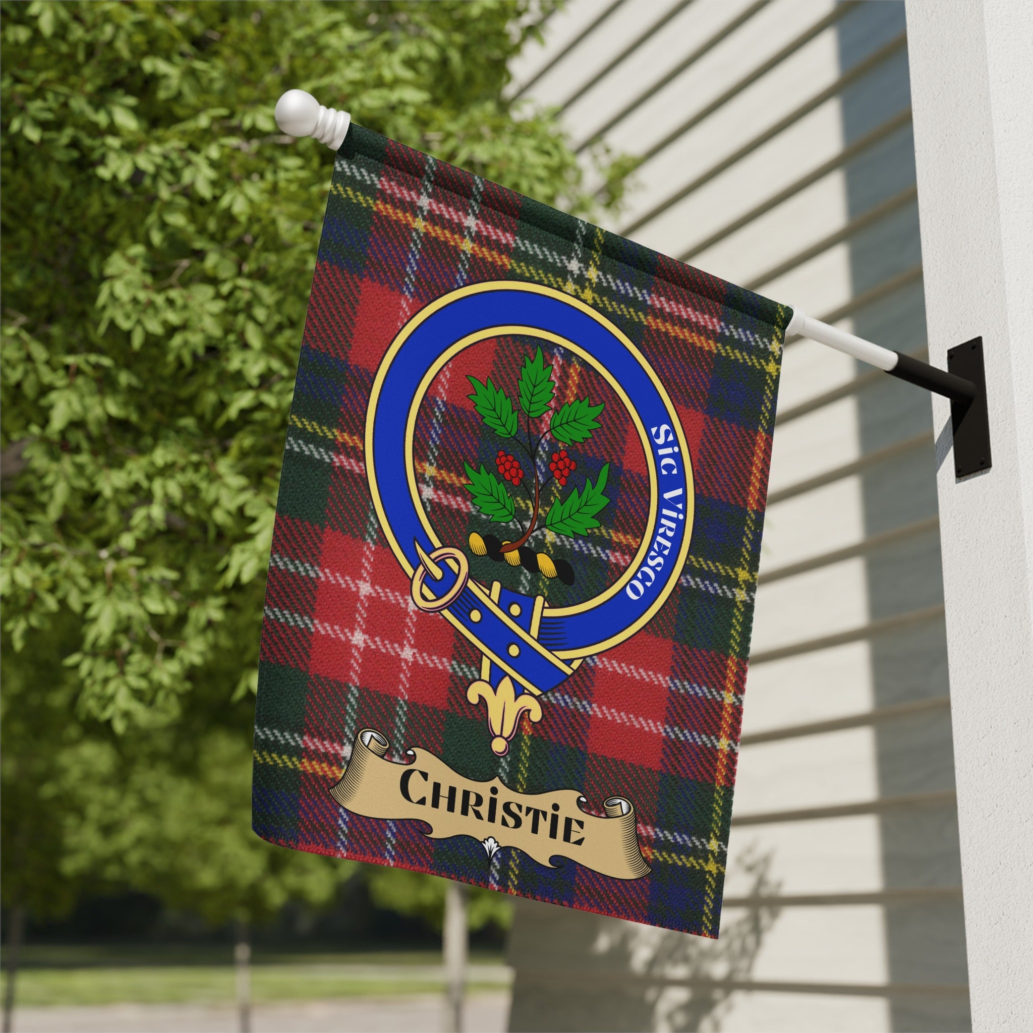Christie clan crest tartan garden flag with Sic Viresco motto — wall display