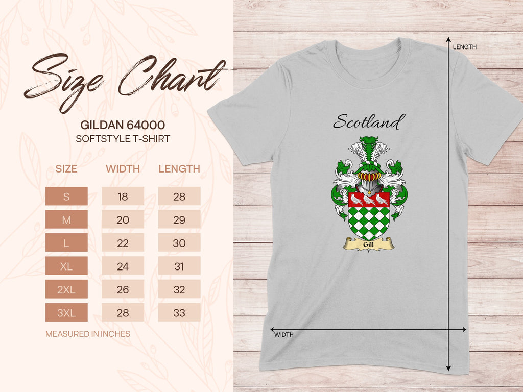 Gildan 64000 size chart for the Gill unisex T-shirt, sizes S to 3XL