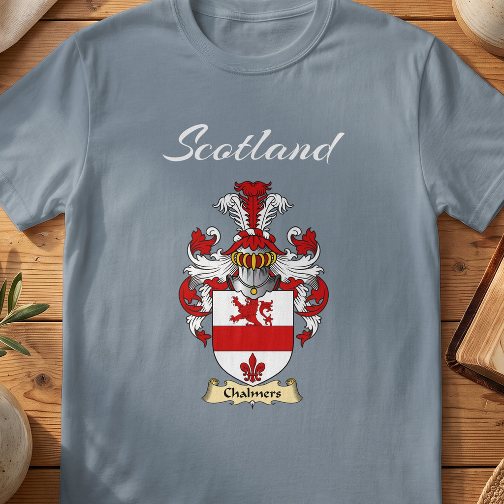 Chalmers Scottish family shield T-shirt in Stone Blue