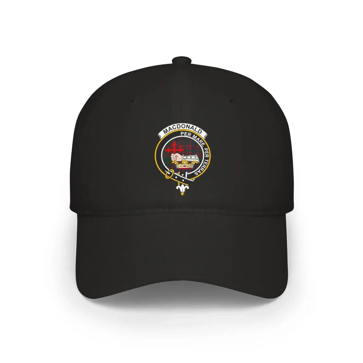 MacDonald Per Mare Per Terras clan crest cap — 100% cotton with heraldic design