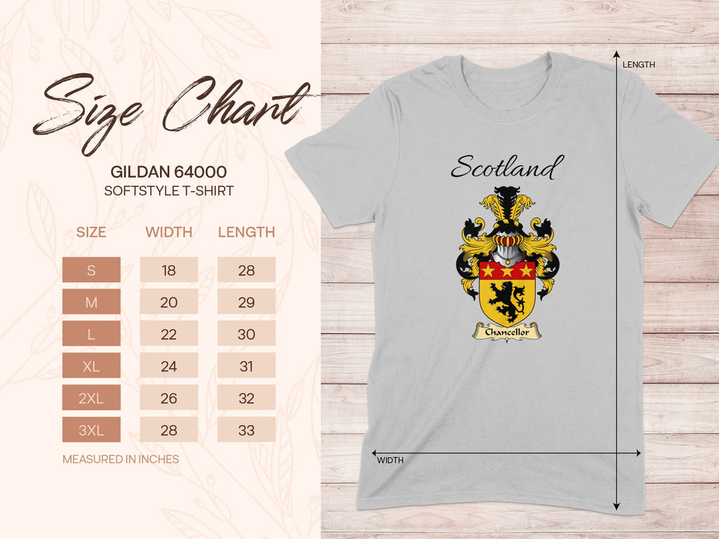 Gildan 64000 size chart for the Chancellor unisex T-shirt, sizes S to 3XL