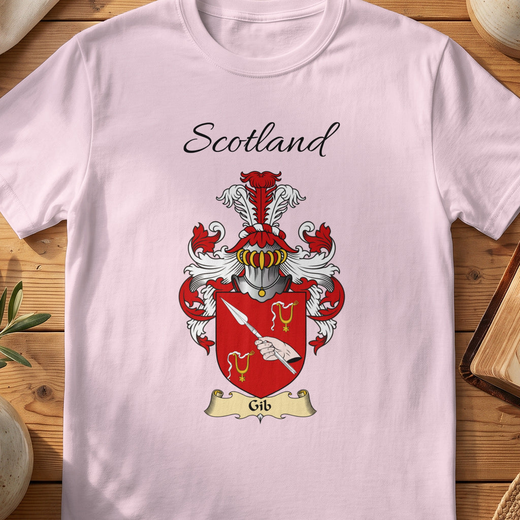 Light Pink Gib Scottish family shield T-shirt featuring a hand holding a diagonal spear on red