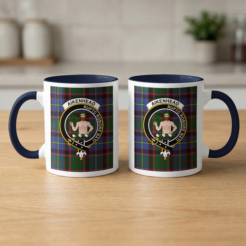 Pair of Aikenhead Scottish family crest 11 oz mugs with navy accents and a tartan background