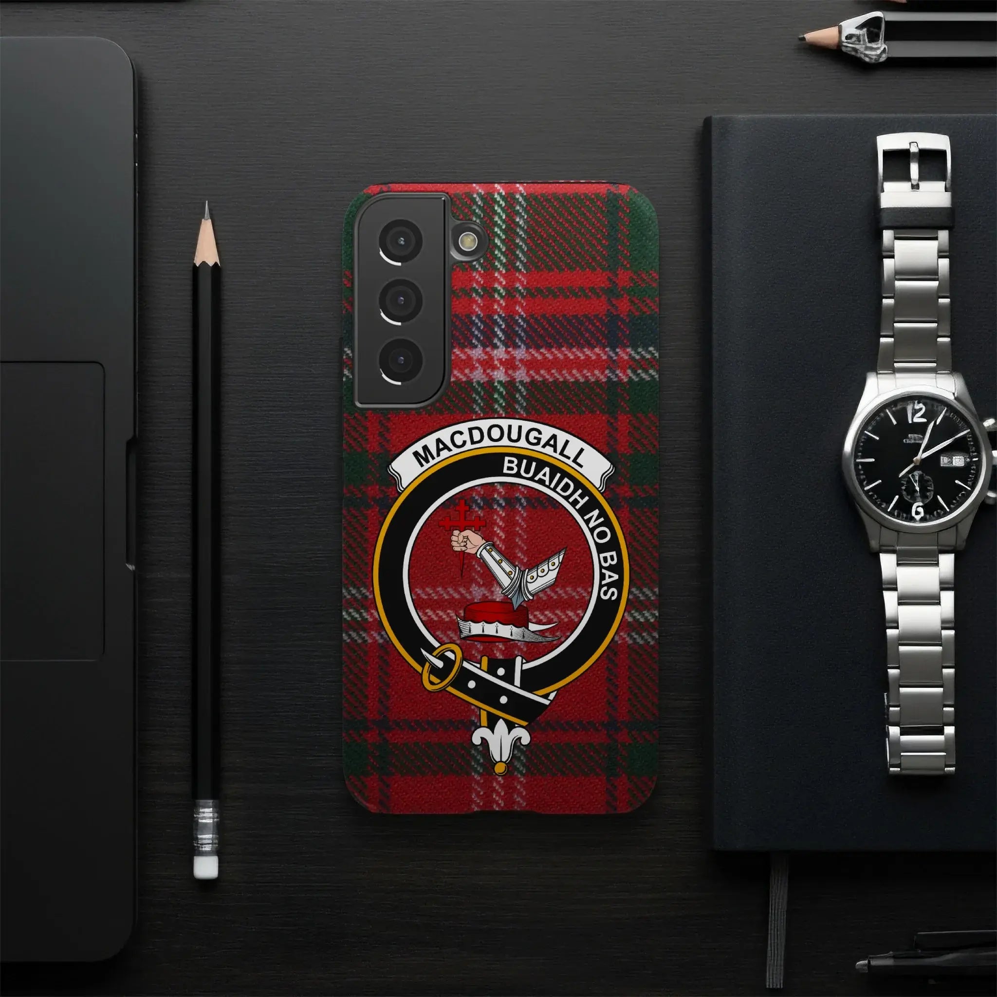 MacDougall tartan clan crest phone case — slim profile, precise port cutouts