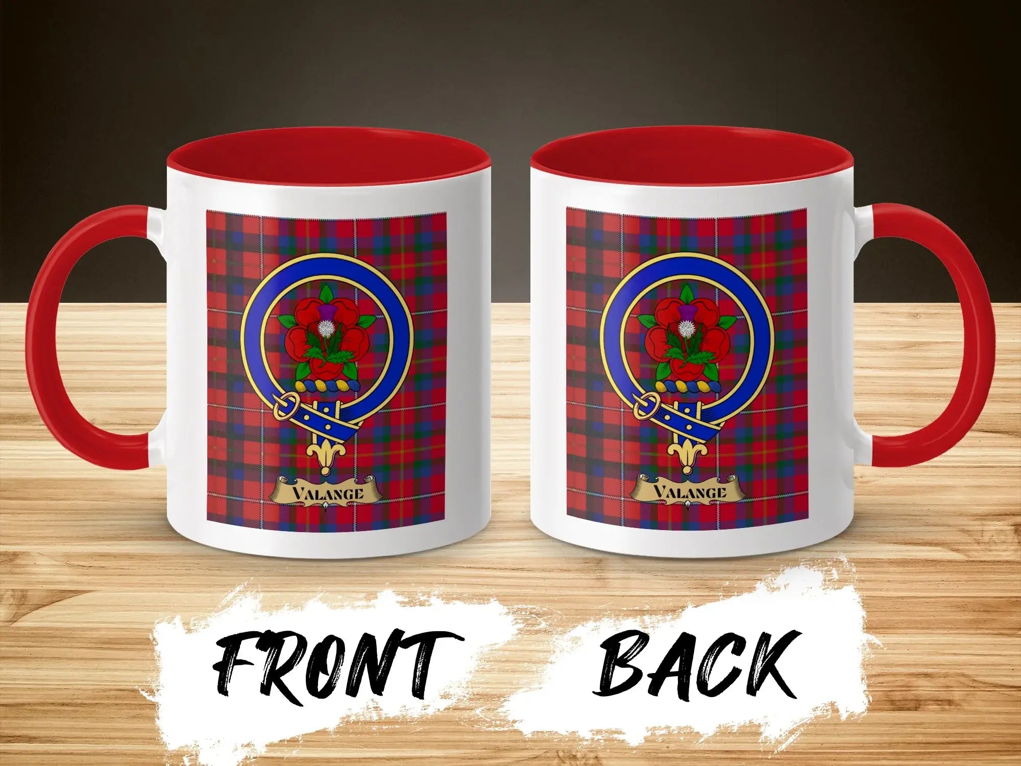 Valange tartan-background crest mug shown as a Scottish heritage gift
