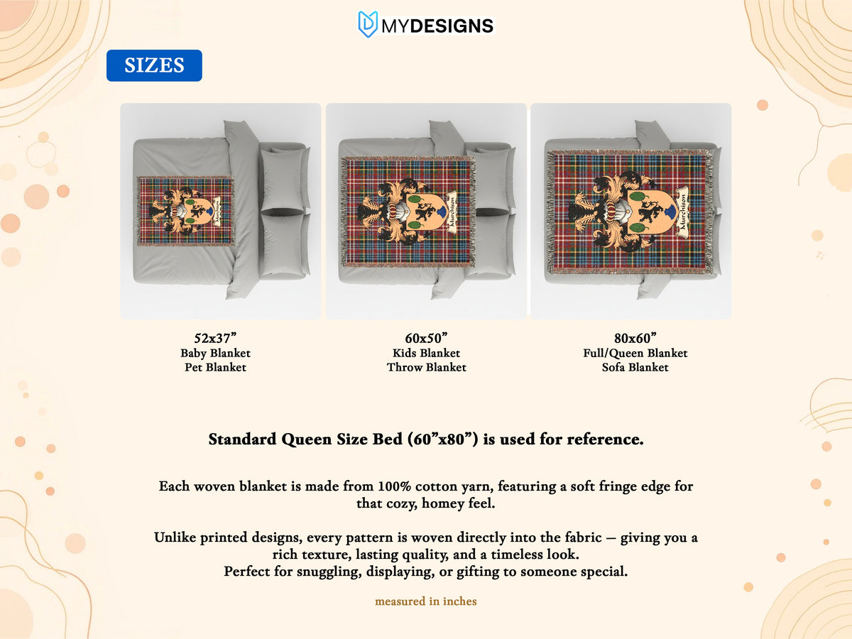 Size guide for Murchison Scottish family shield woven blanket on a Caledonia tartan background