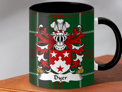 Dyer Surname Coat of Arms on Tartan Background Mug - Living Stone Gifts