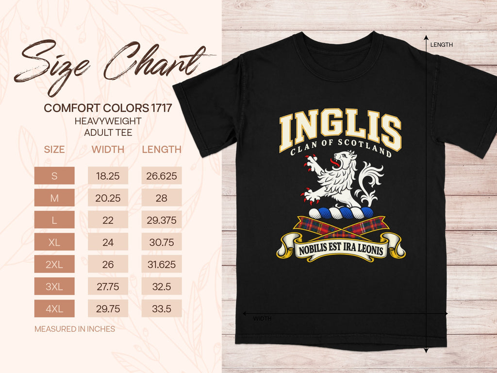 Comfort Colors 1717 size chart in inches with a black Inglis clan crest T-shirt preview