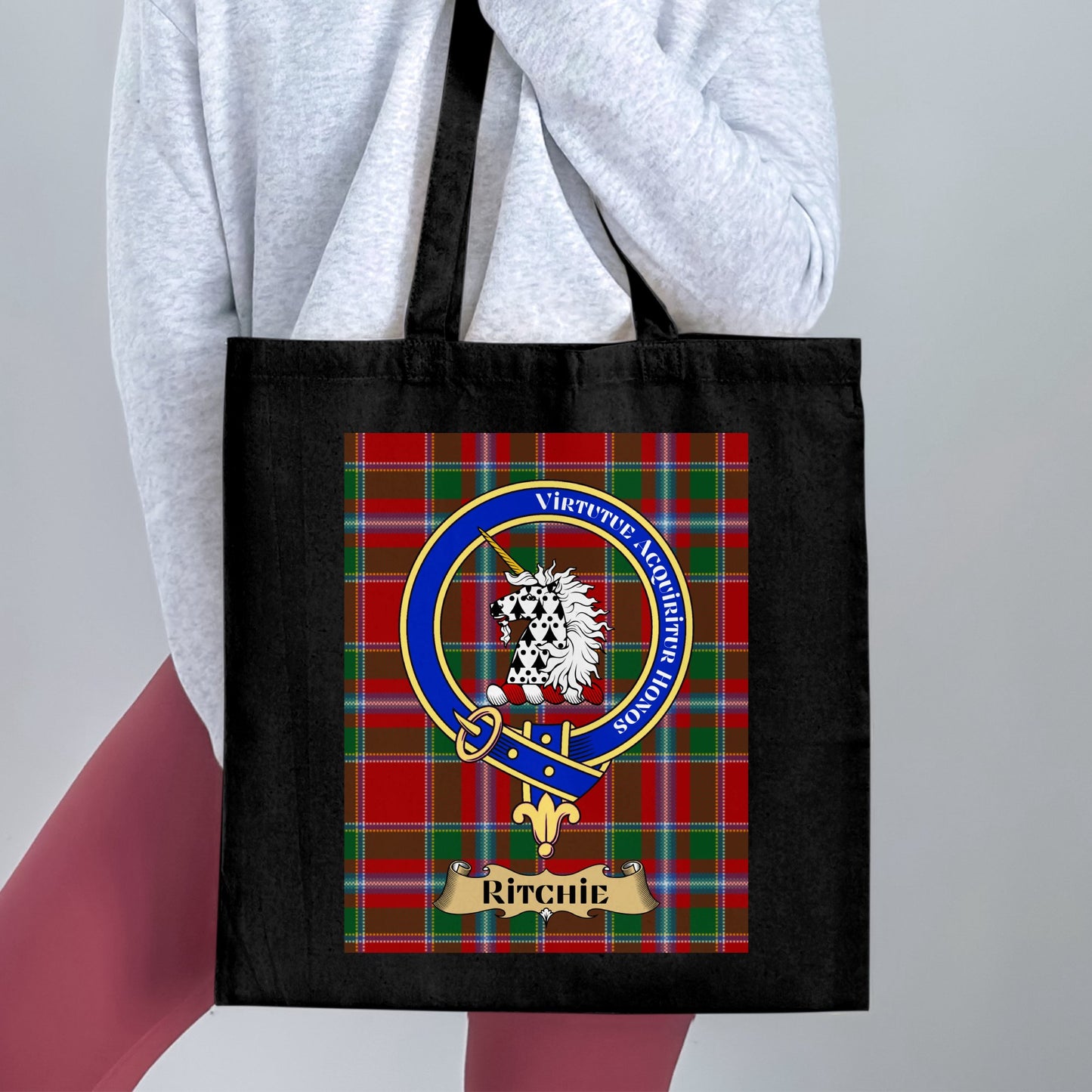 Scottish clan crest on tartan background Tote Bag - Living Stone Gifts