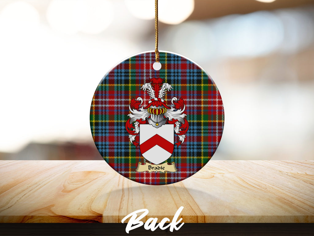 Round Bradie Scottish clan ornament with family crest on a Caledonia tartan background