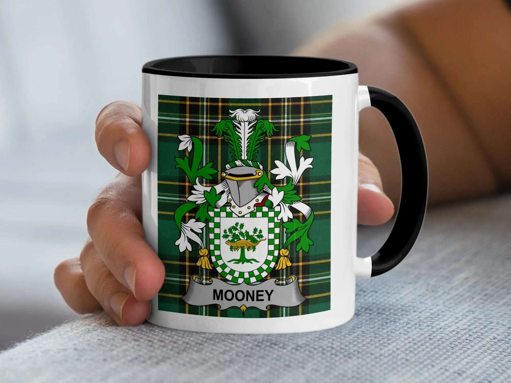 Mooney Irish family crest black accent mug