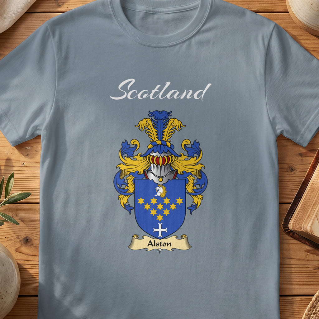 Alston Scottish family shield T-shirt in Stone Blue