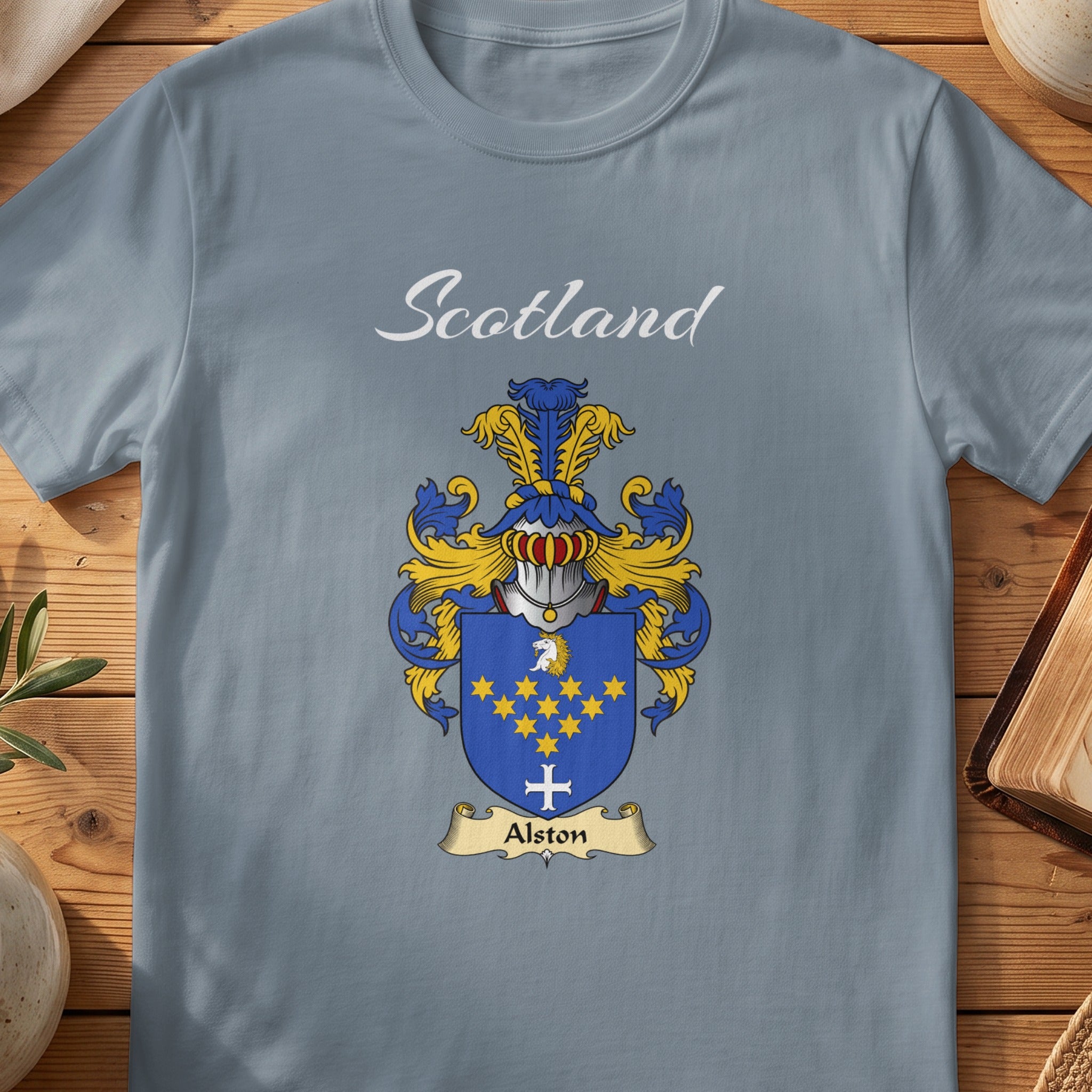 Alston Scottish family shield T-shirt in Stone Blue