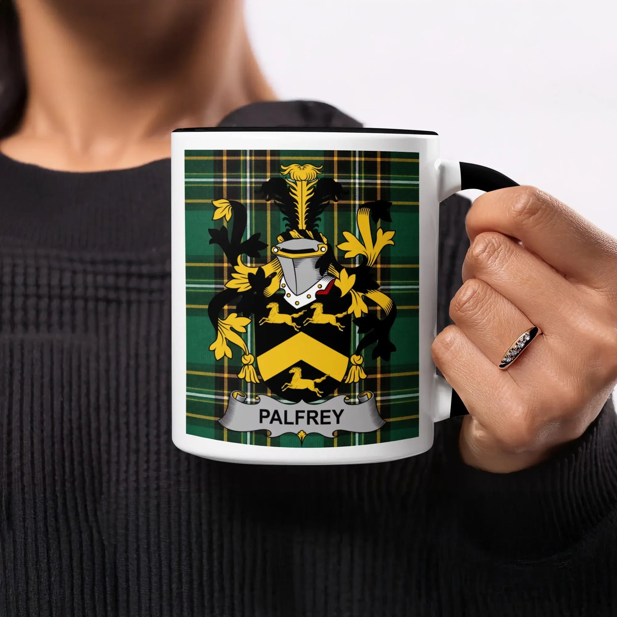 Palfrey black accent mug with Irish National Tartan and family crest