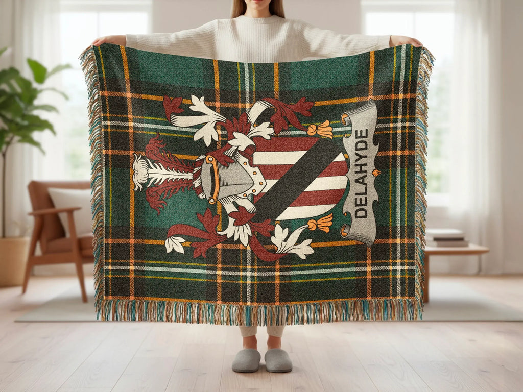 Delahyde Family Crest Green Yellow Black Plaid Blanket product type