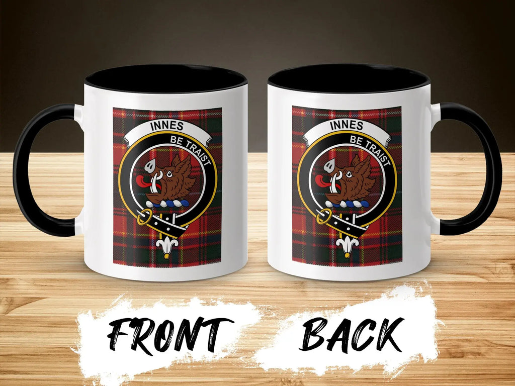 Two Innes clan crest tartan mugs — Be Traist plaid design on 11oz white ceramic