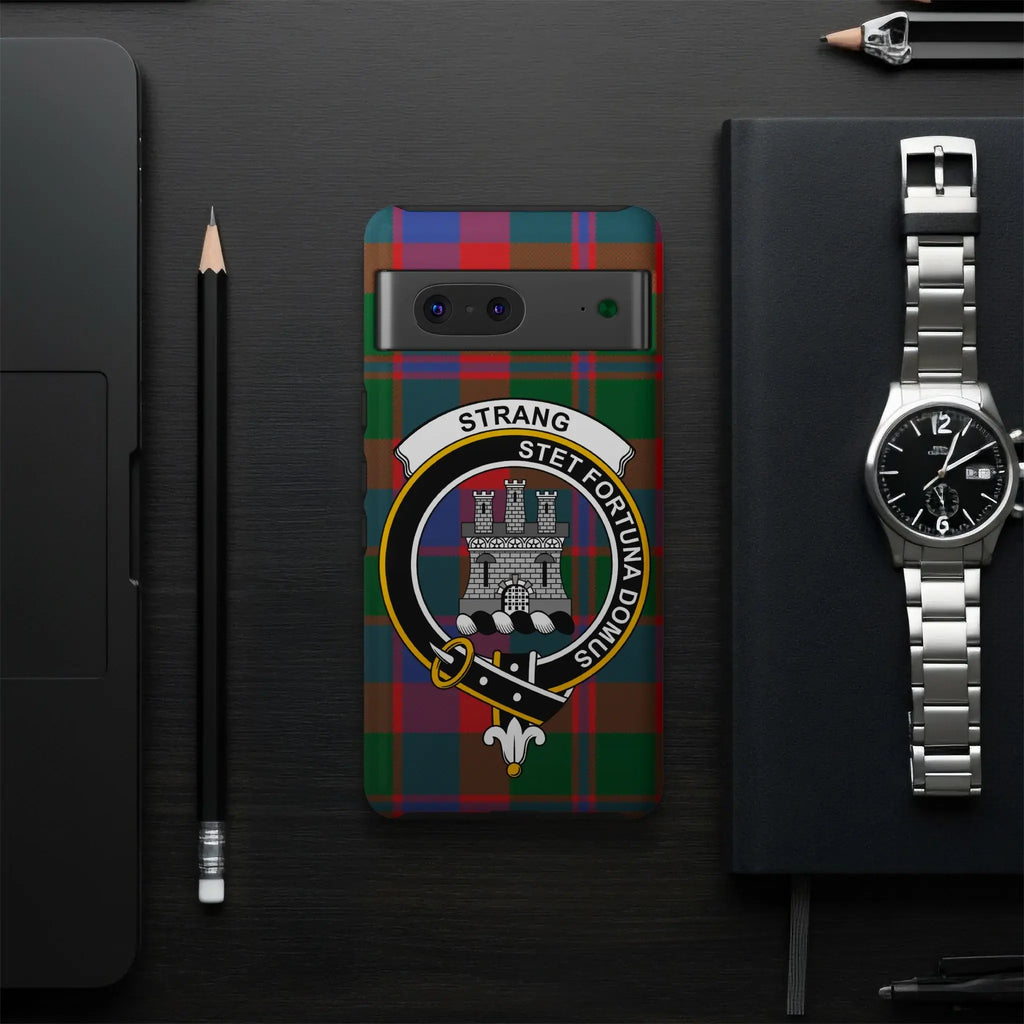 Clan Strang stet fortuna domus shield phone case — glossy surface with tartan design