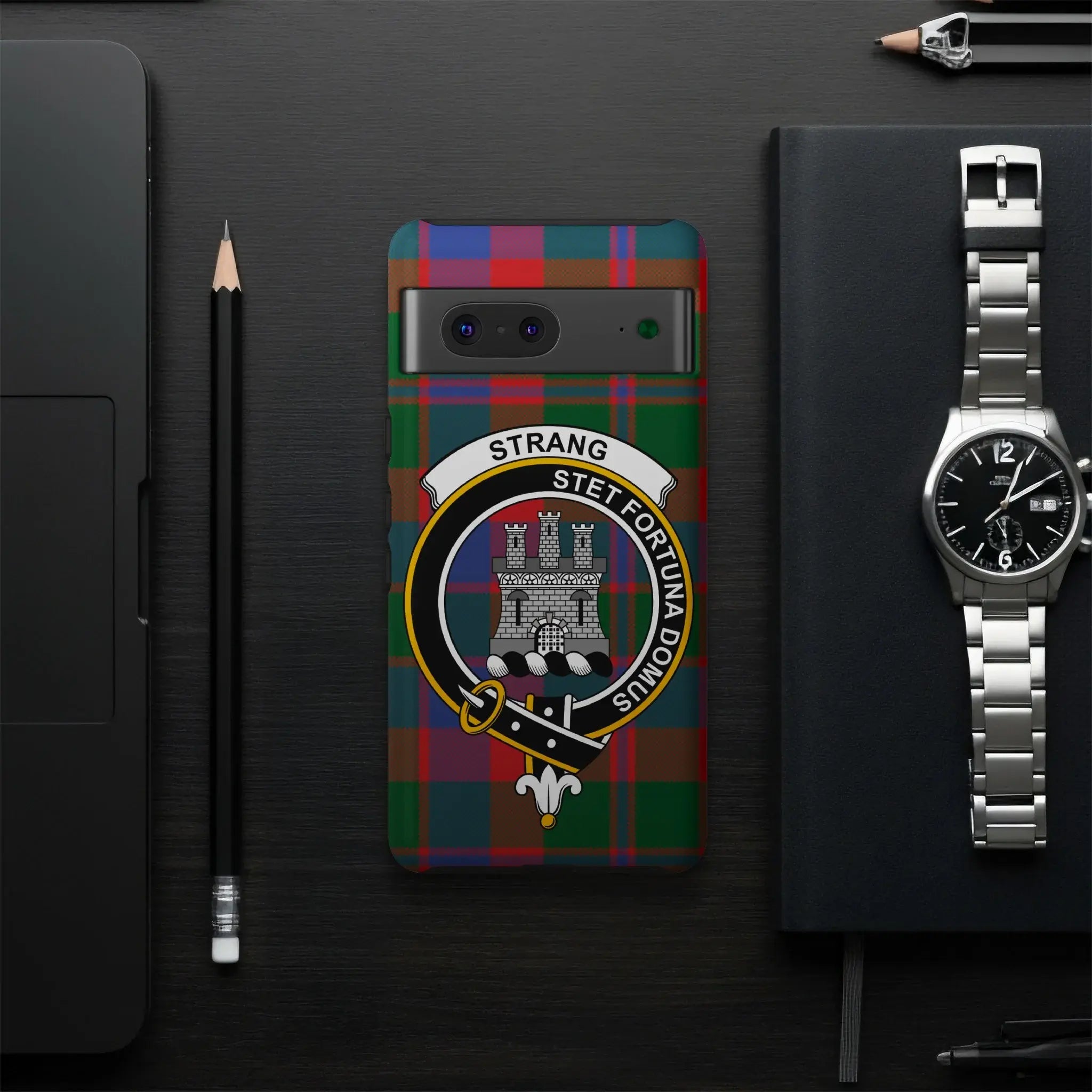 Clan Strang stet fortuna domus shield phone case — glossy surface with tartan design