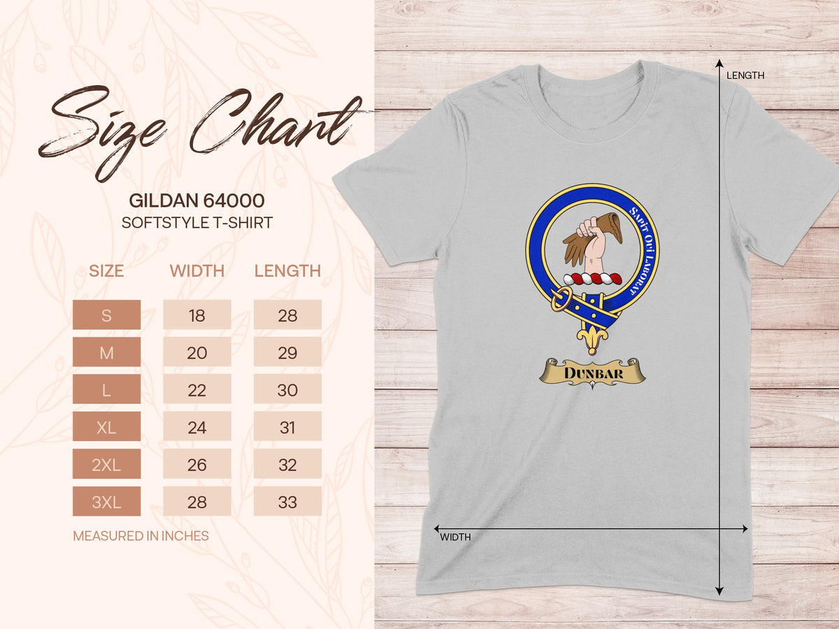 Gildan 64000 size chart for Dunbar Scottish clan crest T-shirt