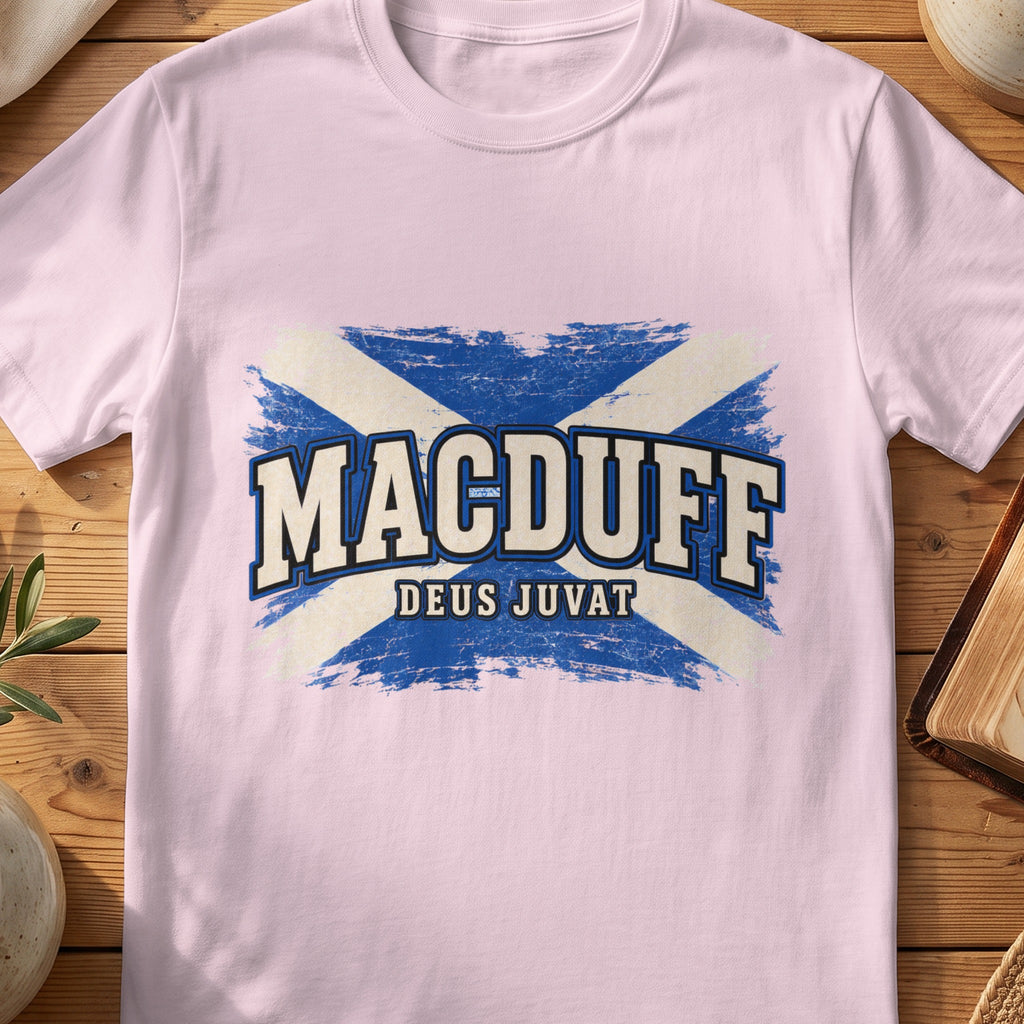 MacDuff Scottish Saltire T-shirt in Light Pink, with distressed blue and cream flag and “Deus Juvat” lettering.