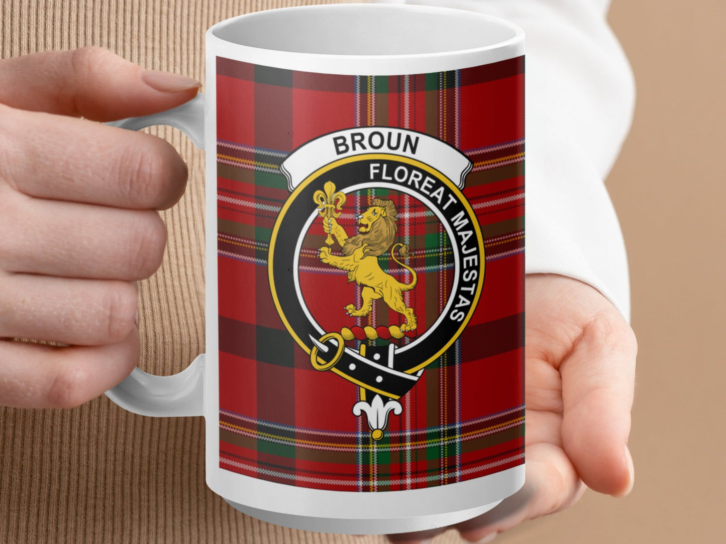 Scottish Clan Broun Crest and Tartan Design Mug - Living Stone Gifts