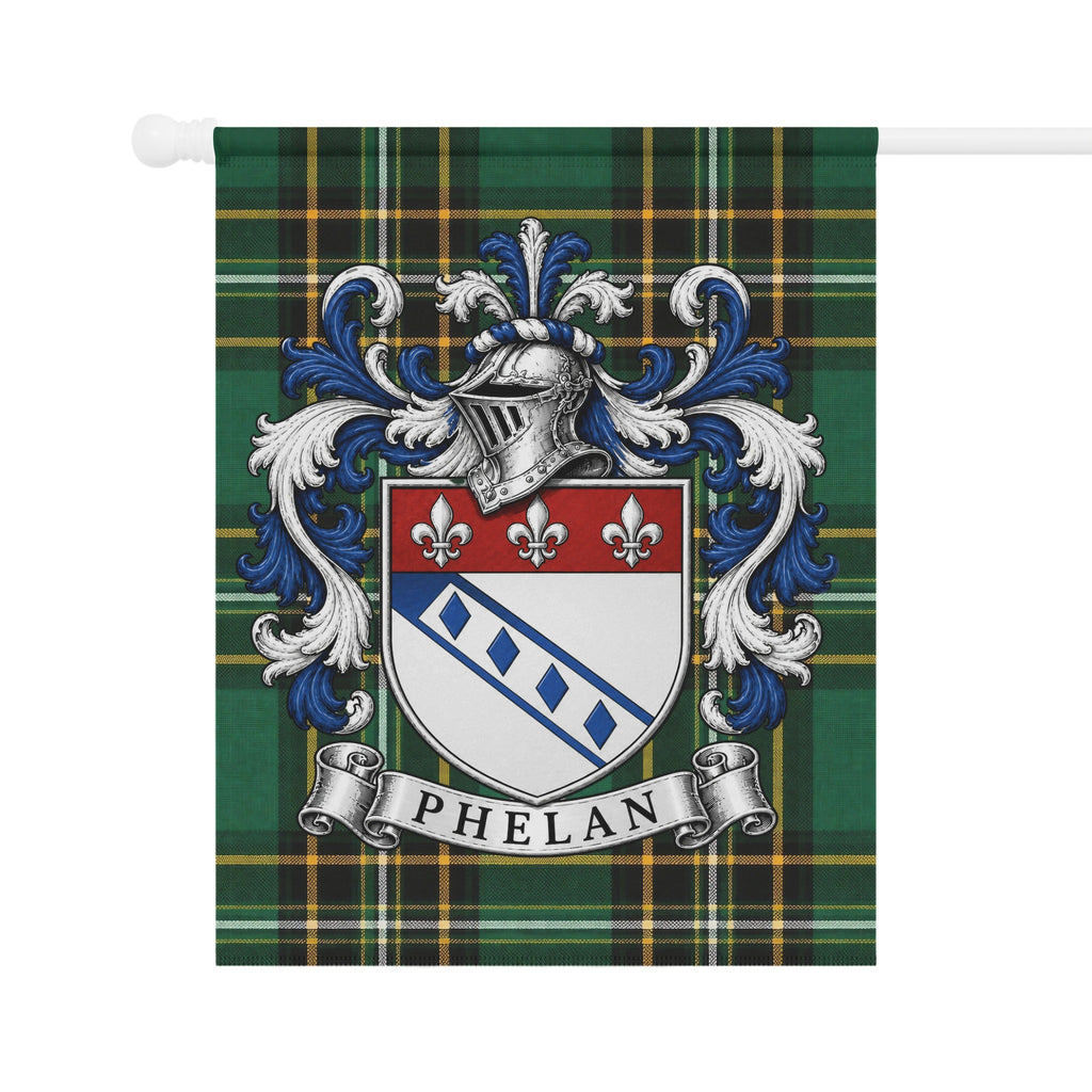 Phelan family crest flag with Irish National Tartan heritage design