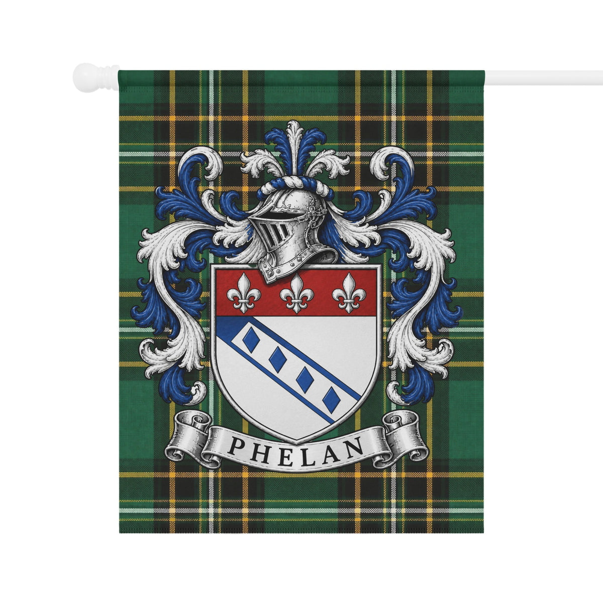 Phelan family crest flag with Irish National Tartan heritage design