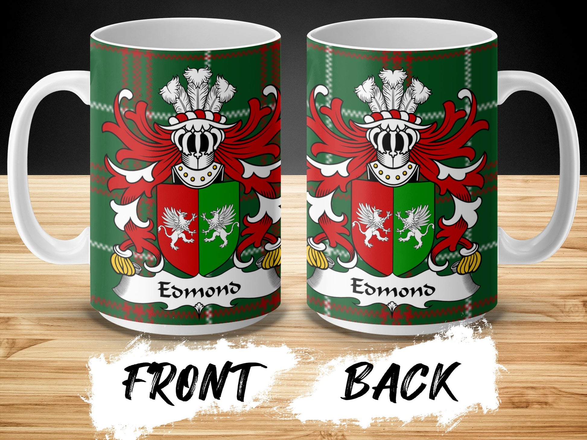 Edmond Welsh Surname Coat of Arms Tartan Background Mug - Living Stone Gifts