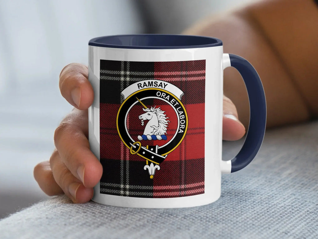 Clan Ramsay tartan accent mug — 11oz ceramic with red handle and unicorn crest