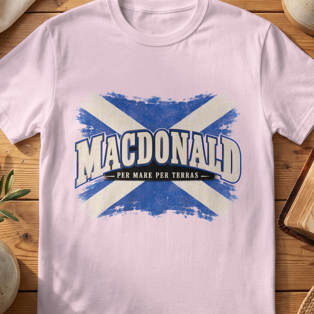 MacDonald Scottish Saltire T-shirt in Light Pink, with distressed blue and cream flag and “Per Mare Per Terras” lettering.