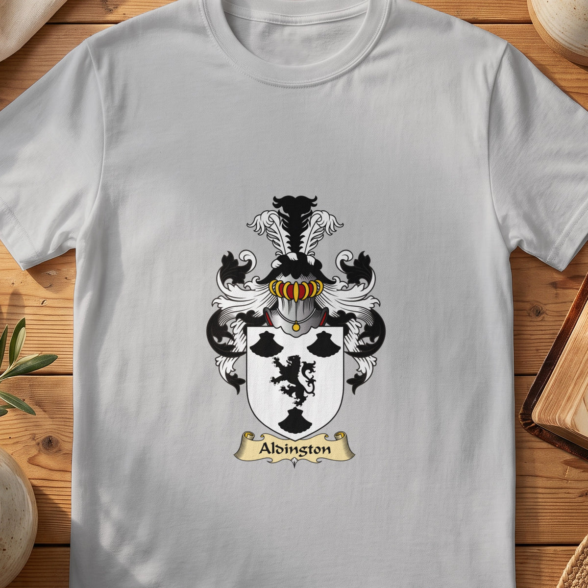 Sport Grey Aldington Scottish family shield T-shirt featuring a black lion and black motifs on white