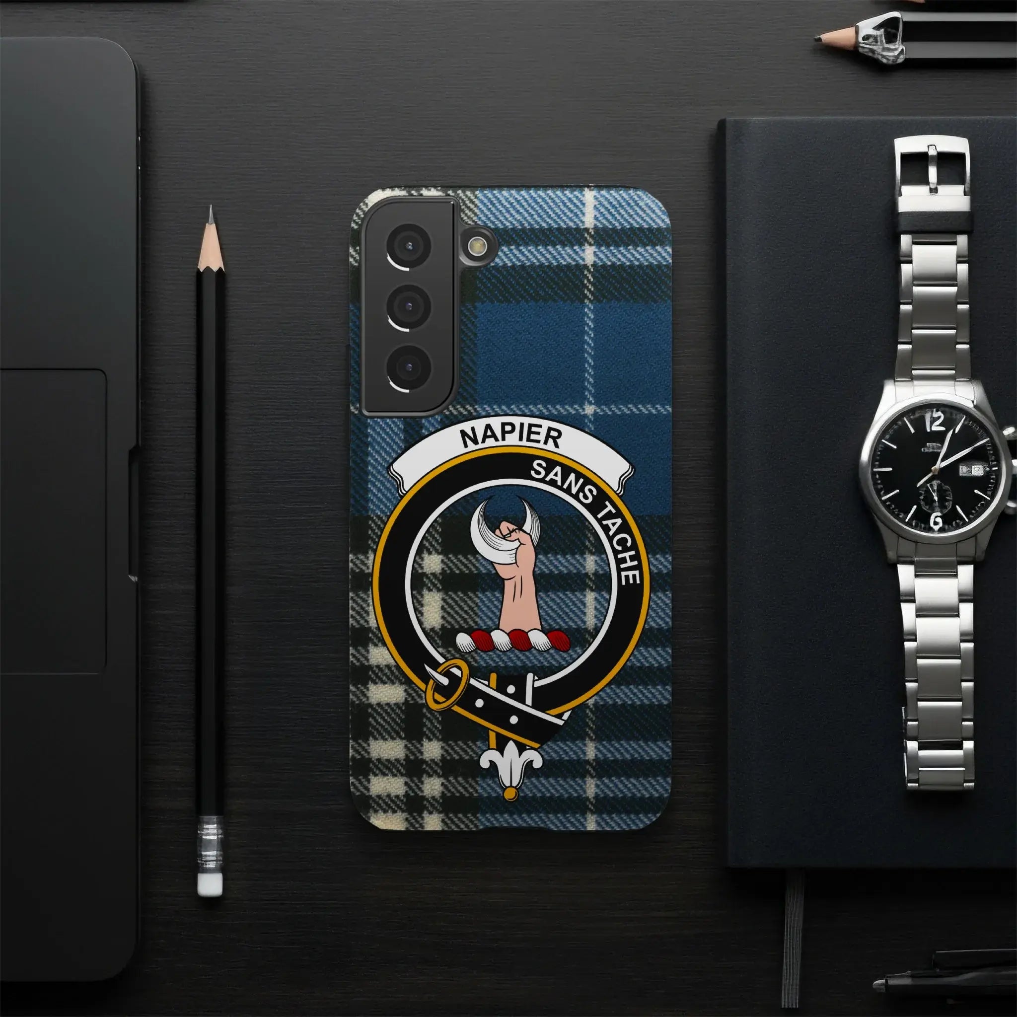 Napier sans tache clan crest phone case — blue plaid, Samsung Galaxy variant