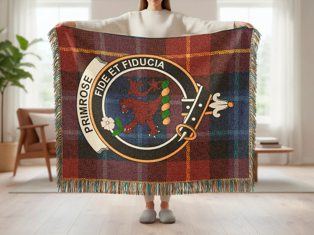 Primrose fide et fiducia woven blanket — fringe edge and red tartan pattern