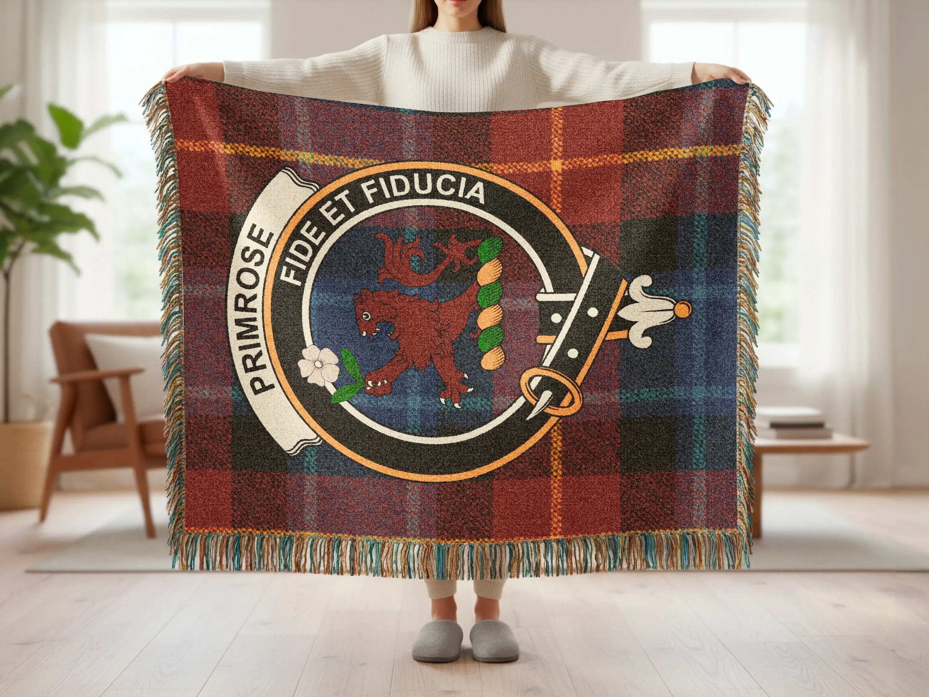 Primrose fide et fiducia woven blanket — fringe edge and red tartan pattern