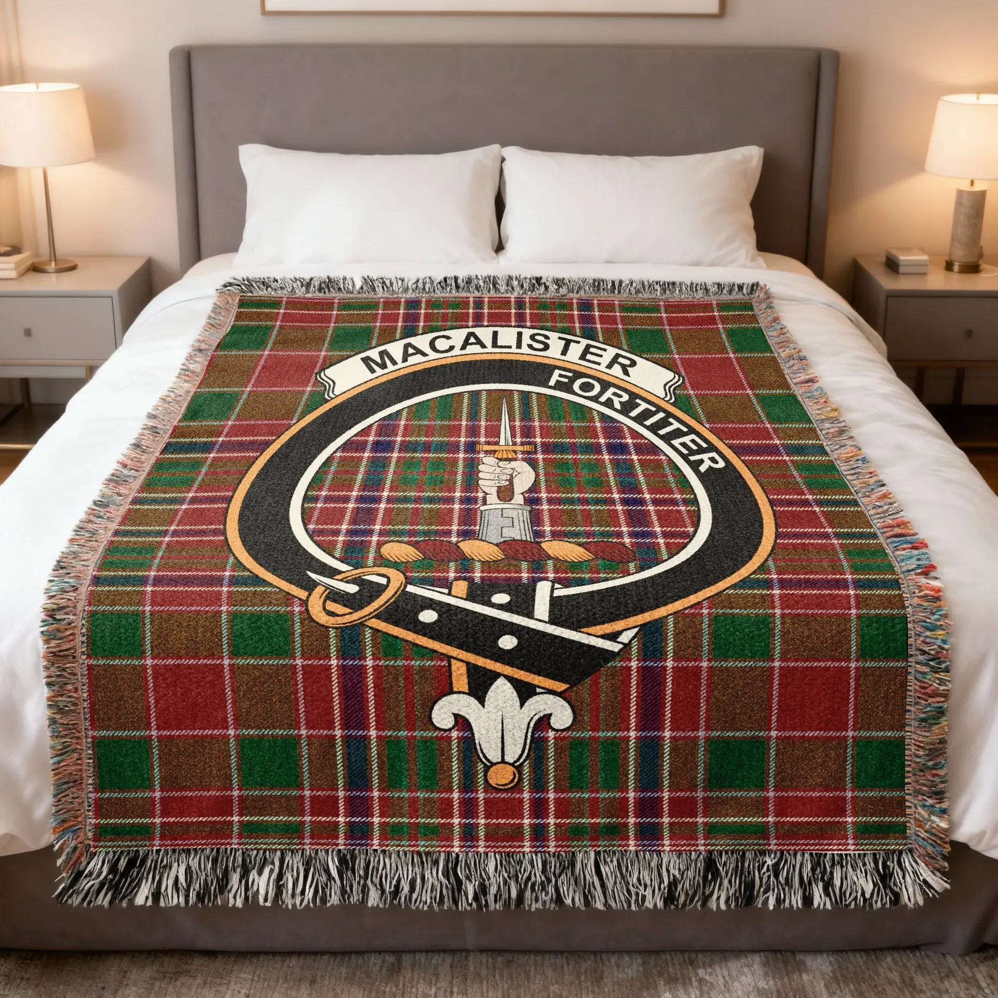 MacAlister Fortiter coat of arms plaid woven blanket — 100% cotton with clan crest design