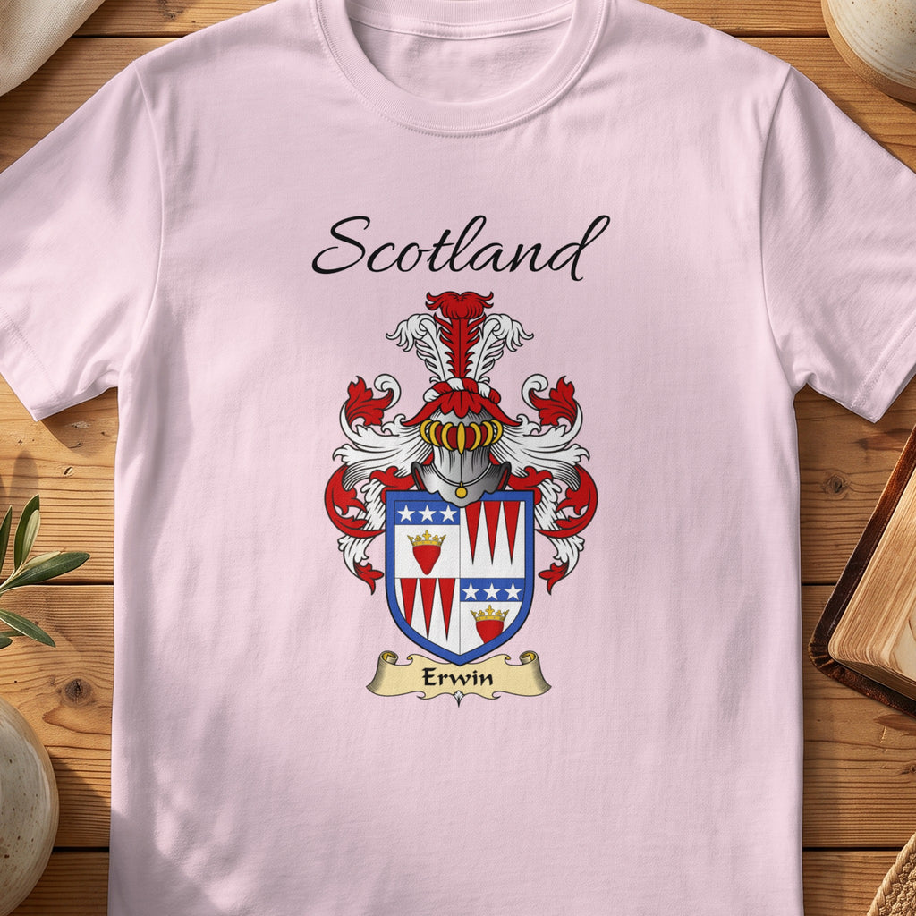Light Pink Erwin Scottish family shield T-shirt featuring a quartered design with red hearts and blue stars