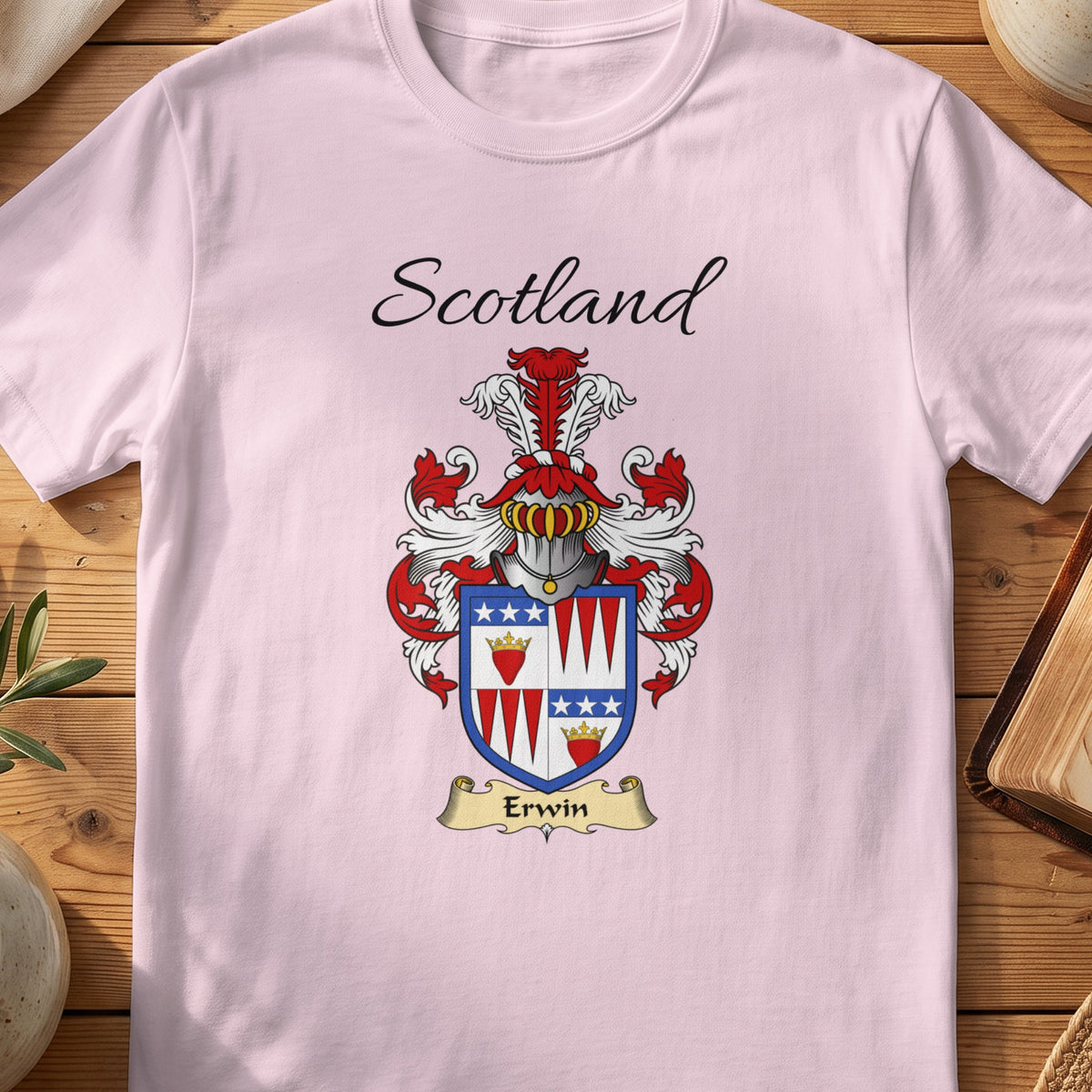 Light Pink Erwin Scottish family shield T-shirt featuring a quartered design with red hearts and blue stars