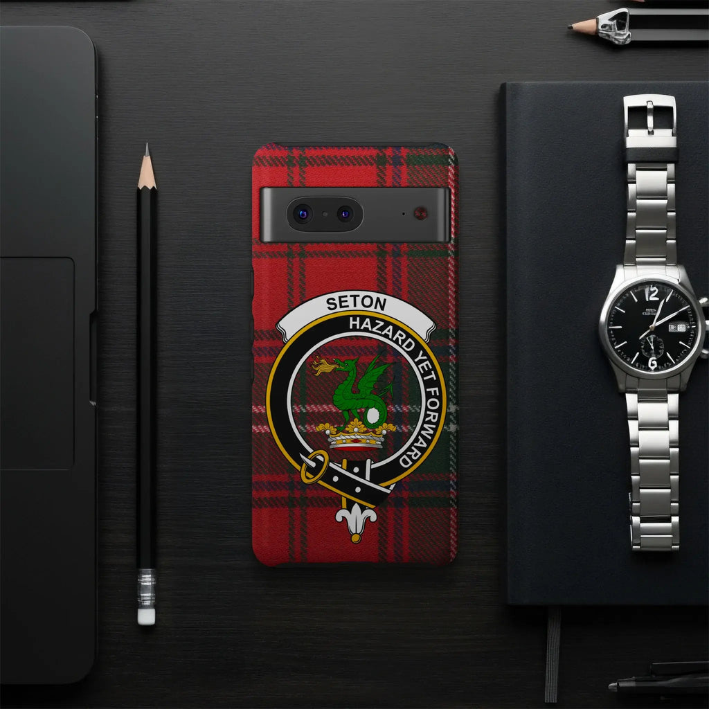 Seton clan crest plaid phone case on Samsung Galaxy — impact-resistant glossy wrap, red and green tartan