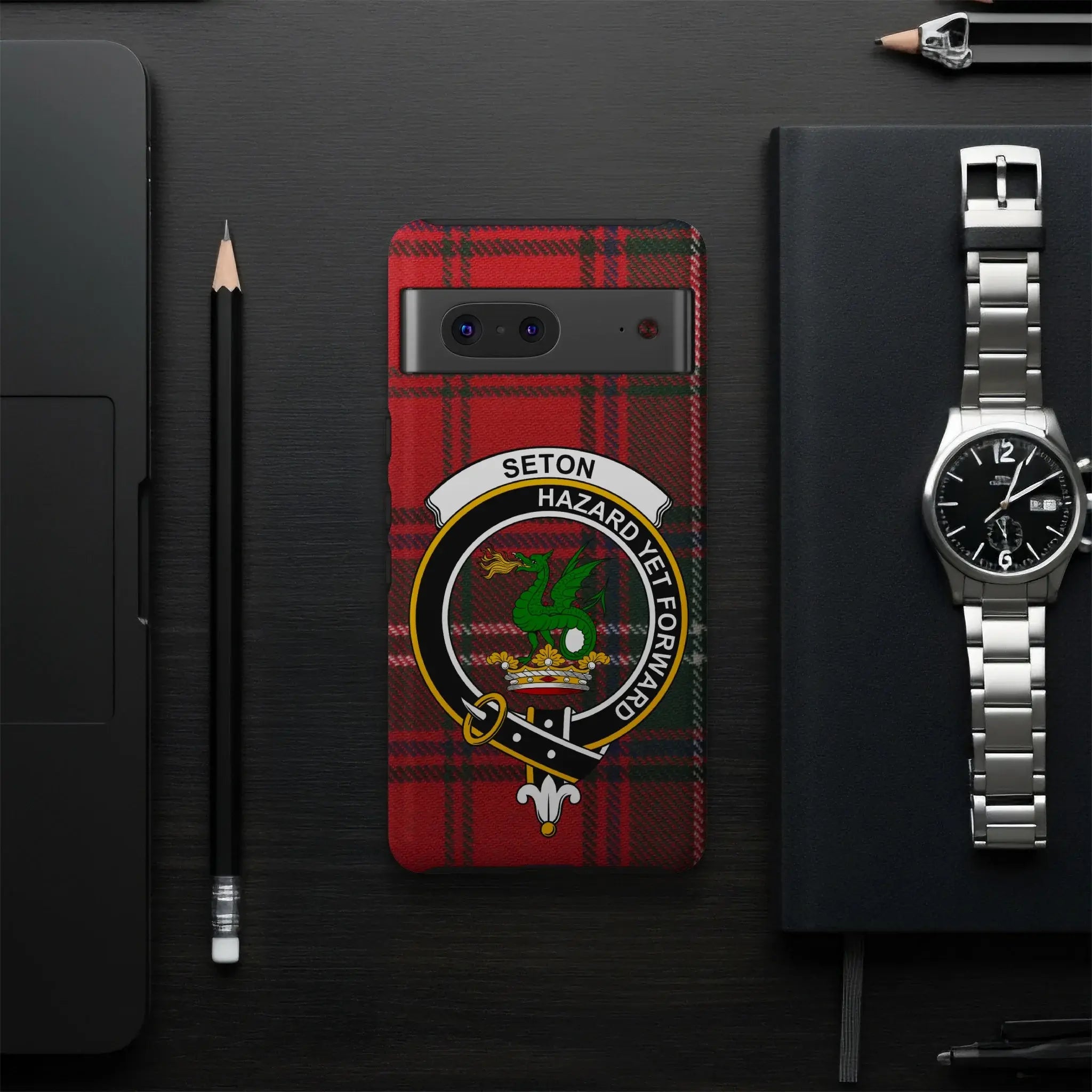 Seton clan crest plaid phone case on Samsung Galaxy — impact-resistant glossy wrap, red and green tartan