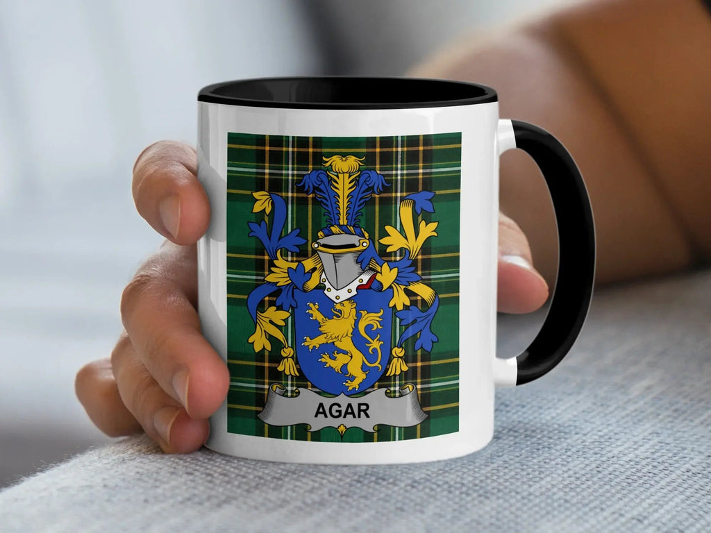 Agar Irish heritage mug with black handle and family crest on Irish National Tartan