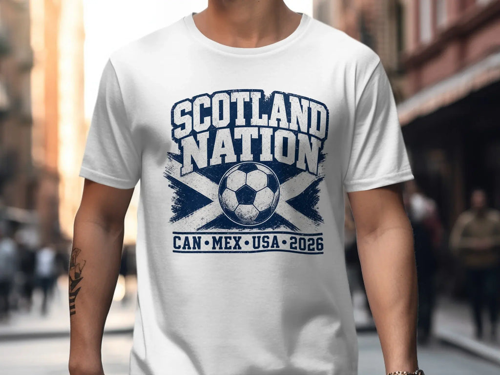 White t-shirt with Scotland Nation soccer design and text CAN MEX USA 2026.