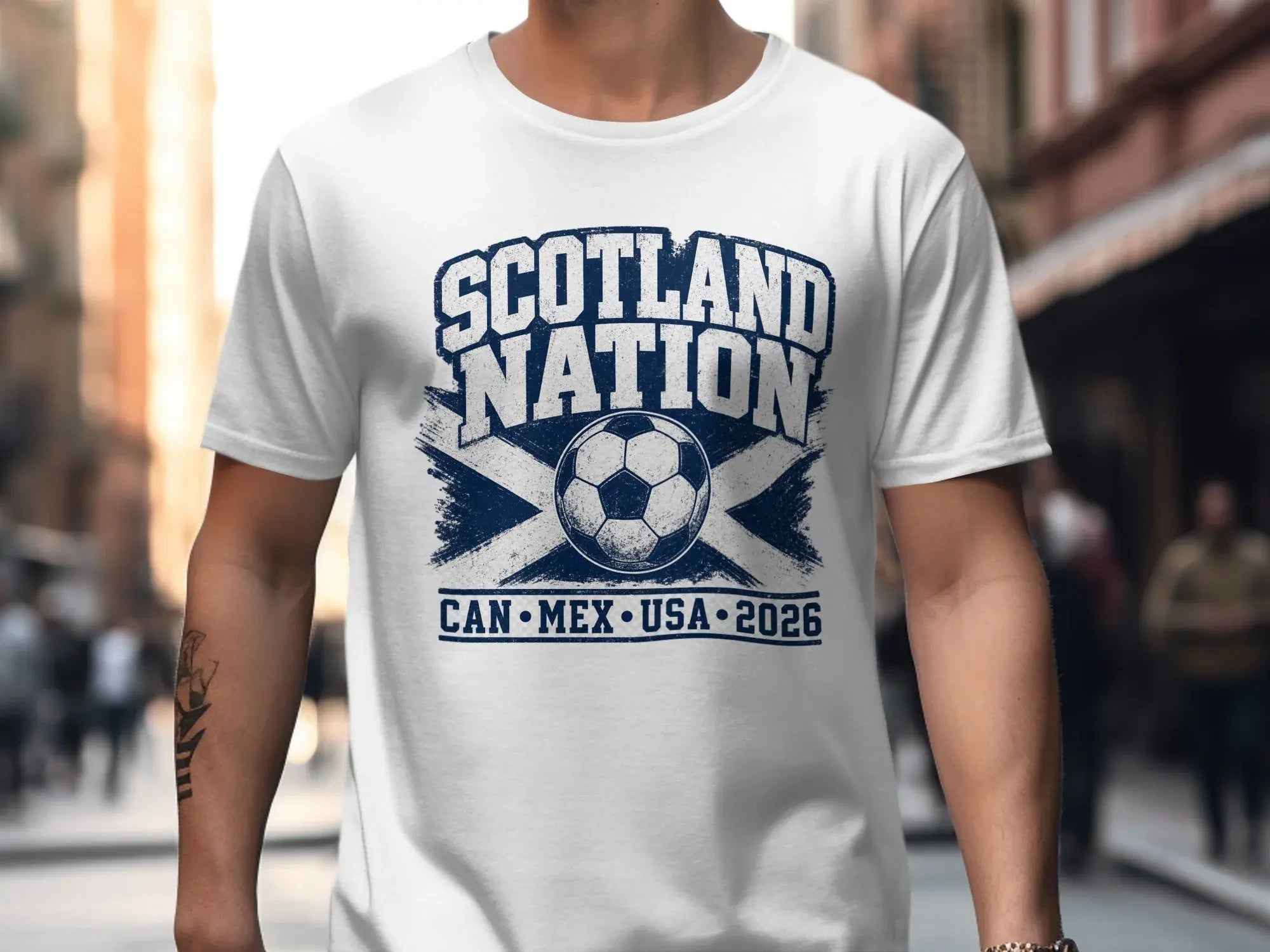 White t-shirt with Scotland Nation soccer design and text CAN MEX USA 2026.