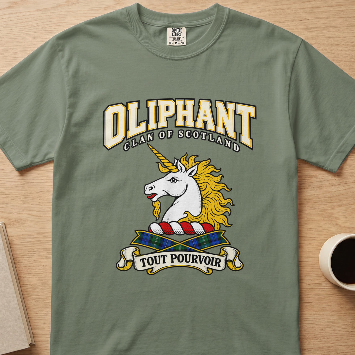 Oliphant clan T-shirt in sage green, front view with white unicorn head with a flowing gold mane