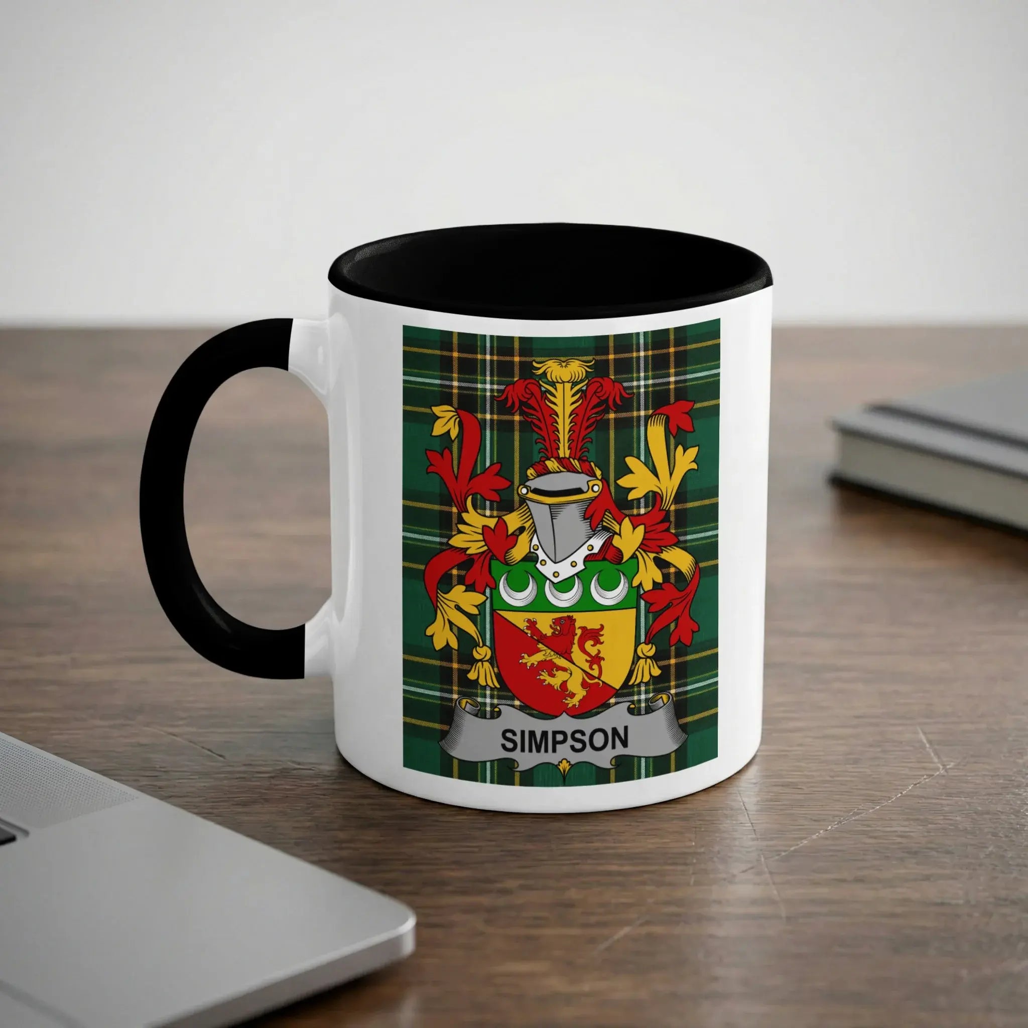 Simpson Irish heritage mug with black interior and family crest
