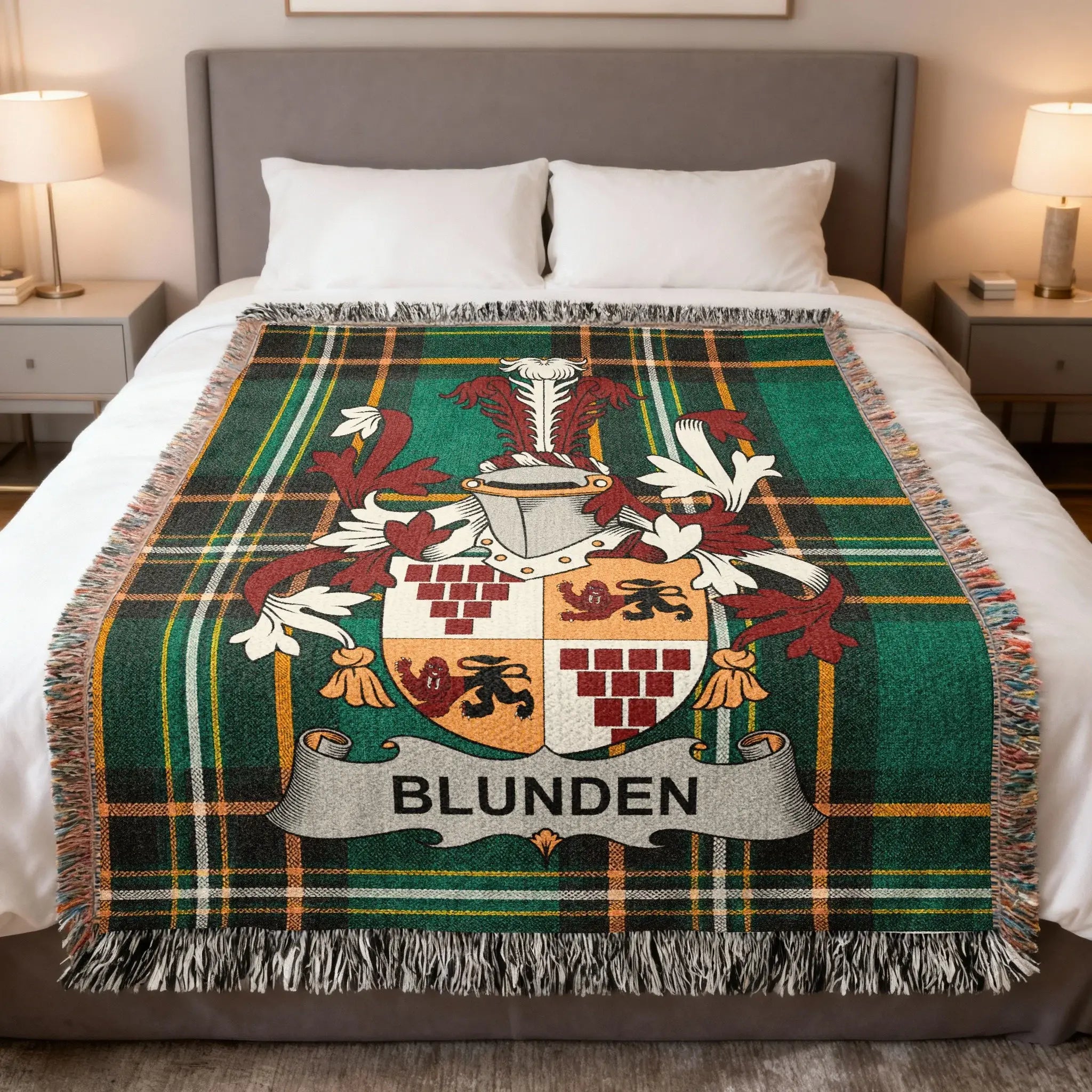 Blunden Irish family crest woven blanket with Irish tartan design and fringed edges