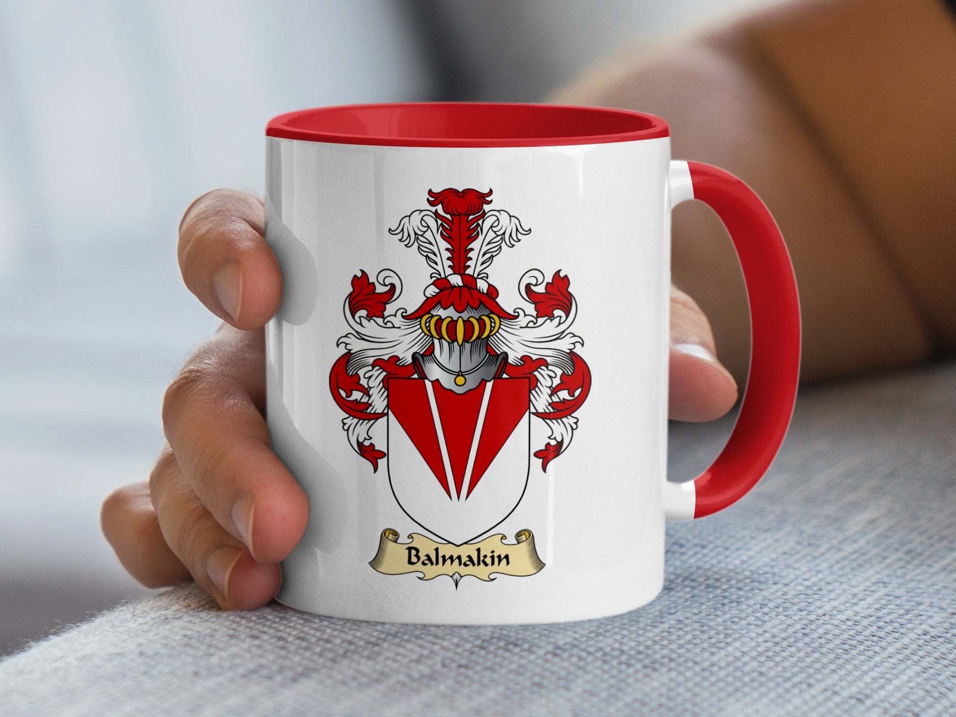 White mug with red handle, featuring the Balmkin coat of arms.