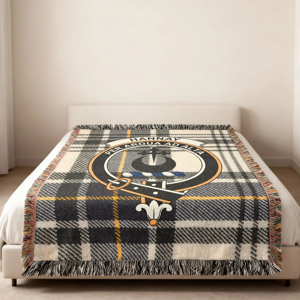 Hannay tartan woven blanket — 52x37 inch size showing tartan weave and crest detail